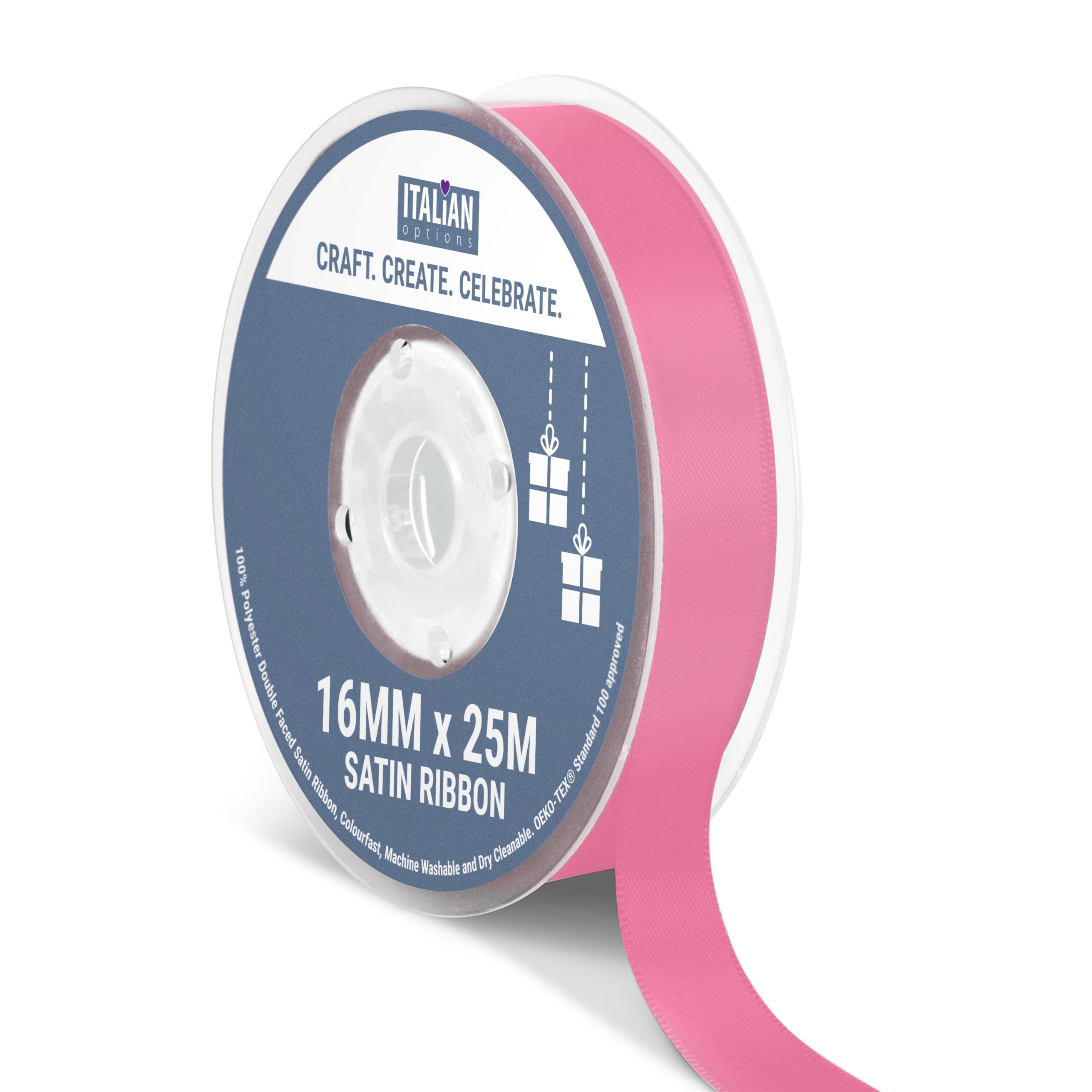 Italian Options Satin Ribbon, Fabric Ribbons for Gift Wrapping, Crafting, Balloons, Wedding Car, Presents, Cake, Christmas, Birthday, Gift Wrap Accessories, 16mm Wide x 25 Metre Roll, Hot Pink