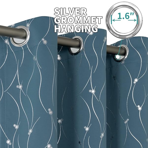 BGMENT ROOM DARKENING CURTAINS 95 INCHES LONG, GROMMET THERMAL INSULATED BLACKOUT CURTAINS WITH WAVE LINE AND DOTS PRINTED FOR BEDROOM, 2 PANELS, EACH 52 X 95 INCH, STEEL BLUE
