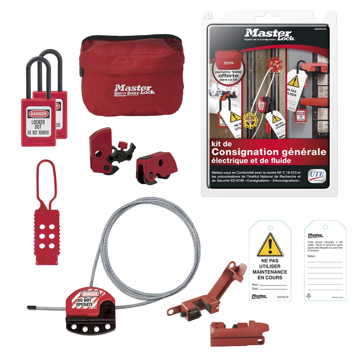 Master Lock MAINTKIT-FR General Lockout Kit Including Dielectric Padlock, Circuit Breaker, Tags Ne pas utiliser, Hasp, Cable