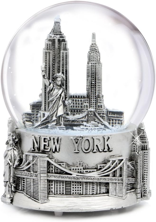 Musical Silver New York City Snow Globe with Sculpture Base, 6 Inch