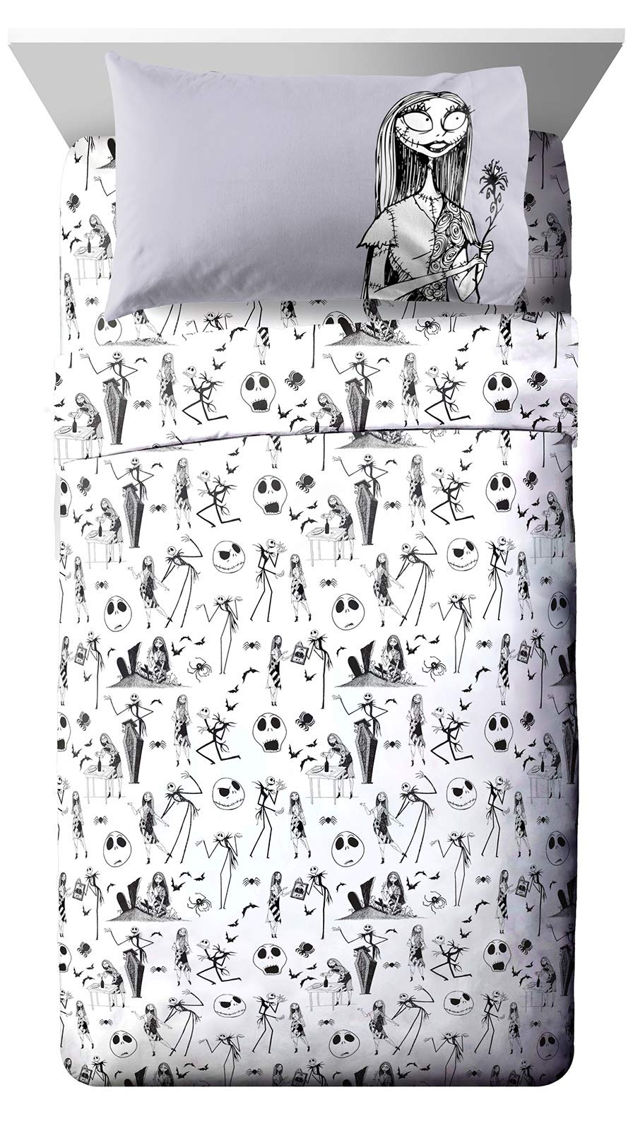 Jay Franco Kids Sheet Set with Fitted, Flat Sheets & Pillow Cover - Ultra-Soft Bedding with Pillowcase for Room Decor, White - Nightmare Before Christmas, 4 Piece Queen Image