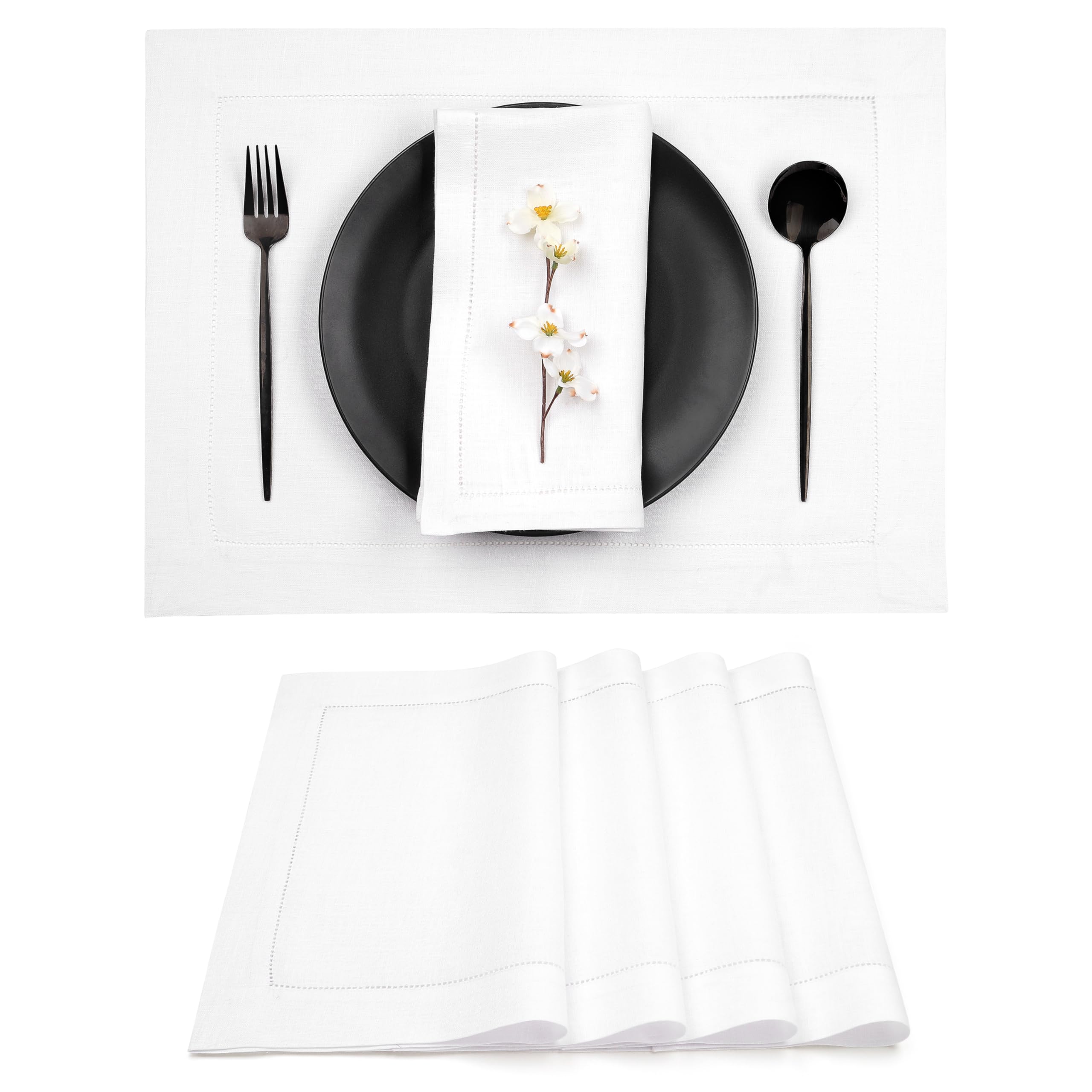 D'Moksha Homes Christmas Placemats 14 X 19 Inch, 100% Pure Linen Classic Hemstitch Cloth Placemats/Dinner Mats/Dining Table Mat, Machine Washable- Thanksgiving, Xmas Placemats (Set Of 4) Snowy White