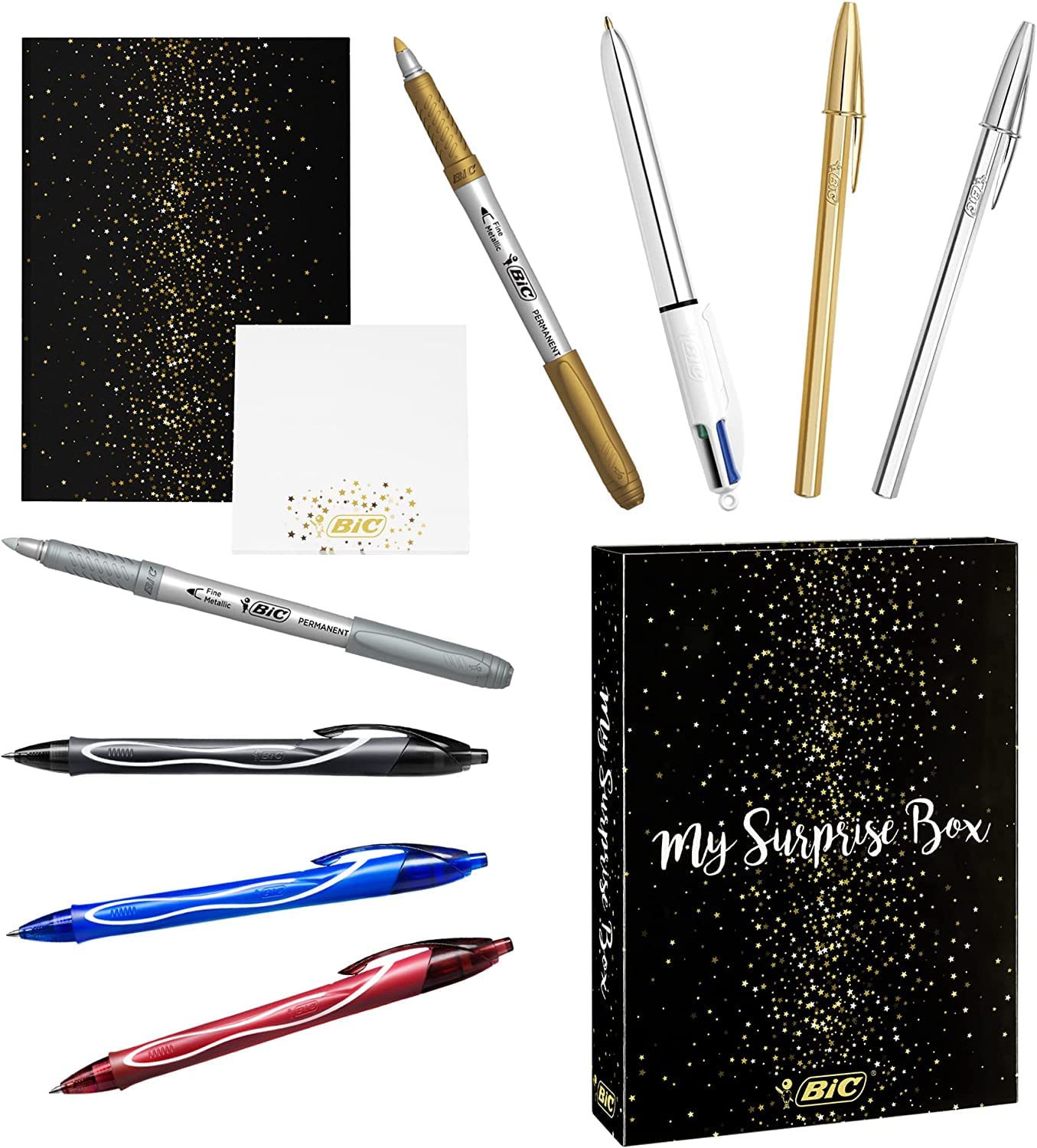 BIC My Surprise Box Gift Set of 14 Writing Products, 4 Ballpoint / 5 Metallic Felt-Tip / 5 Gel Pens, 1 Repositionable Pad and 1 A5 Notebook White