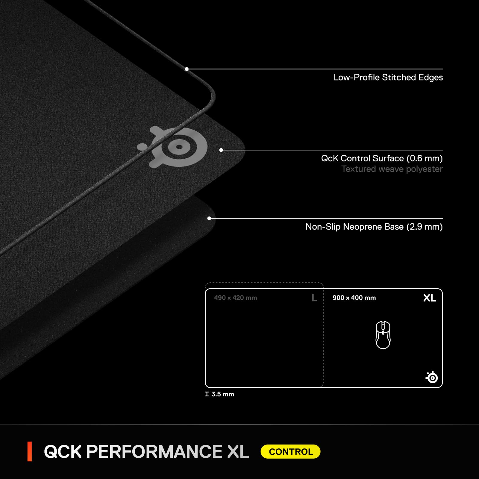 SteelSeries QcK XL Performance Control Gaming Mousepad — Extra Density for a Smooth Glide — Low-Profile Edge Stitching — Non-Slip Neoprene Rubber Base — 15.75 x 34.43 inch — FPS, MOBAs, RTS, MMO