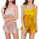 DingCo 2-Pack Silky Pajamas for Women, Satin Lingerie Pjs with Adjustable Ruffled Shorts & Camisole Tops