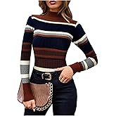 RoseSeek Women's Striped Ribbed Knit Sweaters Mock Neck Long Sleeve Pullover Jumpers