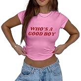 QISSYILY Funny Y2k Crop Tops for Women Who's A Good Boy Print Baby Tee Grunge Cropped Short Sleeve Shirts Casual Slim Fit Top