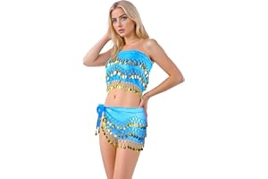 Baisdan Belly Dance Hip Scarf 2 Piece, Belly Dance Skirt and Top Set, Dancing Coin Skirts for Women, Halloween Costume, 2Pack