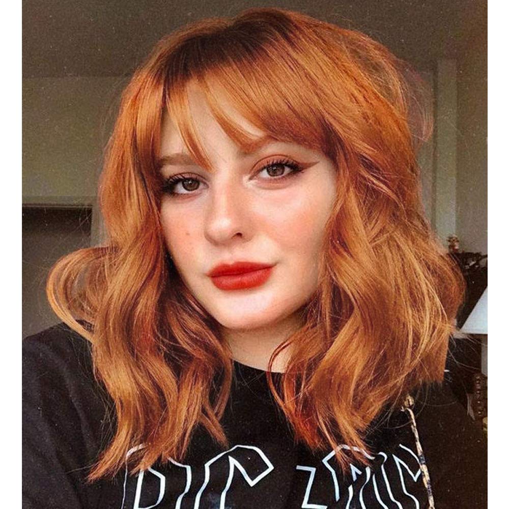YEESHEDO Short Bob Ginger Wig with Fringe for Women Wavy Curly Shoulder Length Wigs with Bangs Natural Heat Resistant Fiber Hair for Halloween Daily Use 14" (Brown-Orange)