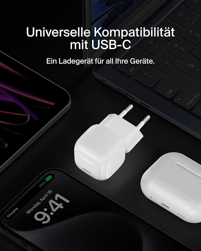 BoostCharge kompaktes Ladegerät (20 W), USB-C Power Delivery Schnellladegerät, USB C Netzteil für Apple iPhone 17, 16, Samsung Galaxy S25, iPad, AirPods usw., inklusive Typ C to C-Kabel – Weiß