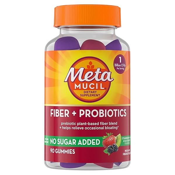METAMUCIL FIBER SUPPLEMENT GUMMIES WITH PROBIOTICS FOR BLOATING RELIEF, NO SUGAR ADDED STRAWBERRY KIWI BLACKBERRY FLAVORS, 5G PREBIOTIC PLANT BASED FIBER BLEND, 90 COUNT