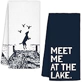 AQYIP Lake Lover Gifts Kitchen Towels, Navy Blue Coastal Beach Dish Tea Towels for Kitchen, Lake Life House Gifts for Women Decorative Hand Towels for Bathroom, 16x24 Inch Set of 2