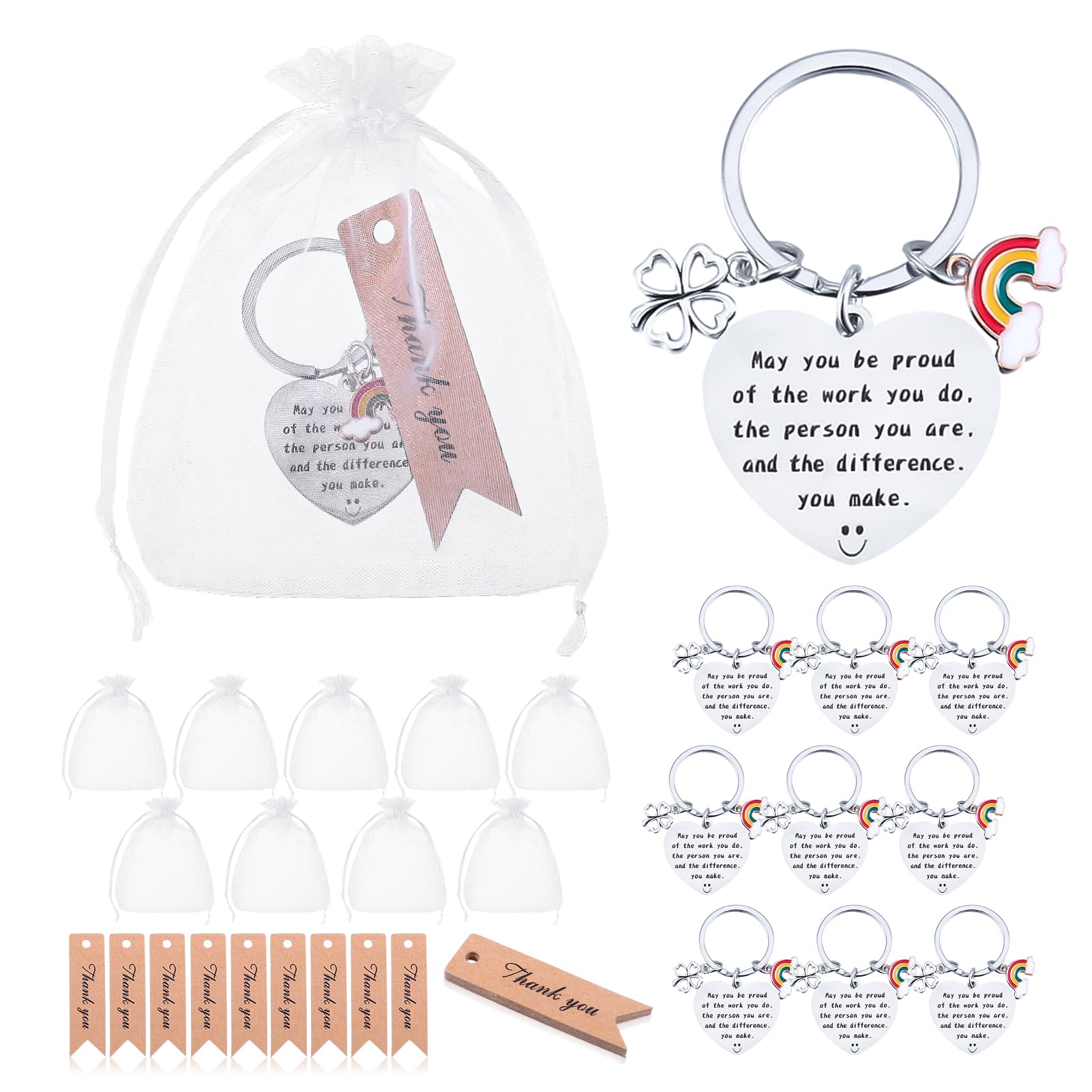 Partideal Thank You Keychain Gifts - Leaving & Appreciation Gifts with 10 Pcs Organza Bags & Cards for Colleagues, Teachers, Nurses & Doctors