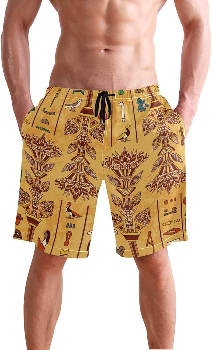LittleLuck Men's Beach Shorts Egypt Colorful Ornament with Ancient