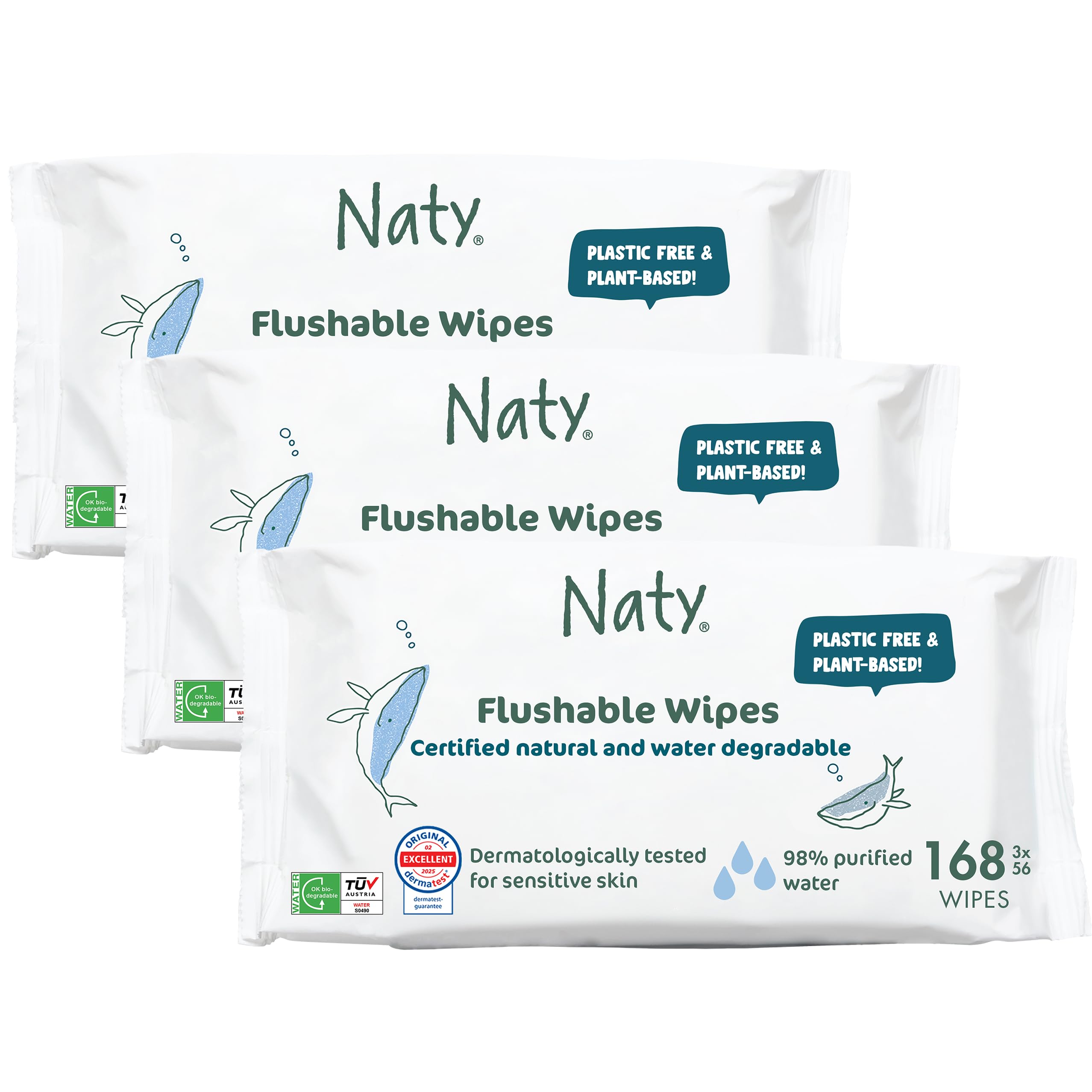 Naty Flushable Baby Wipes | 98% Water & Natural for Sensitive Skin | Unscented, Plant-Based, Fragrance-Free | Plastic-Free & Compostable | Newborn & Toddler Gentle Wet Wipes | 168 Count (3 Packs)