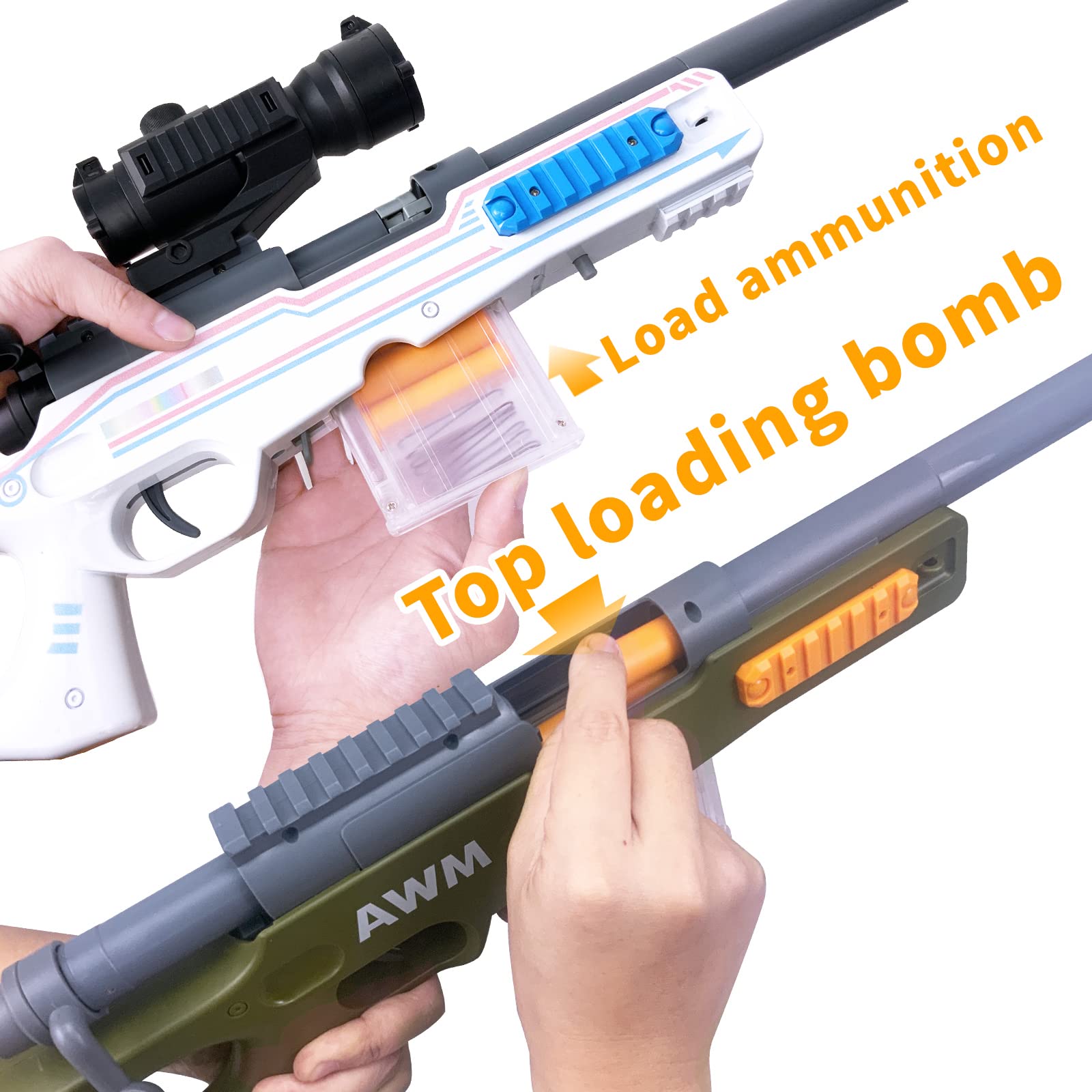 AGM MASTECH AWM Shell-Throwing Blaster Set, 40 Official Foam Darts, 4-Dart Cartridge, 2 Magazines, Fun Playset for Boys, Kids, and Adults (White)