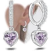 Heart Hoop Earrings with Dangle Sterling Silver Love Heart-Shaped Loop Earrings for Women Hypoallergenic Sparkle Birthstone Cubic Zirconia Hoop Earring with Dangling Charms Dainty Fashion Jewelry Gift