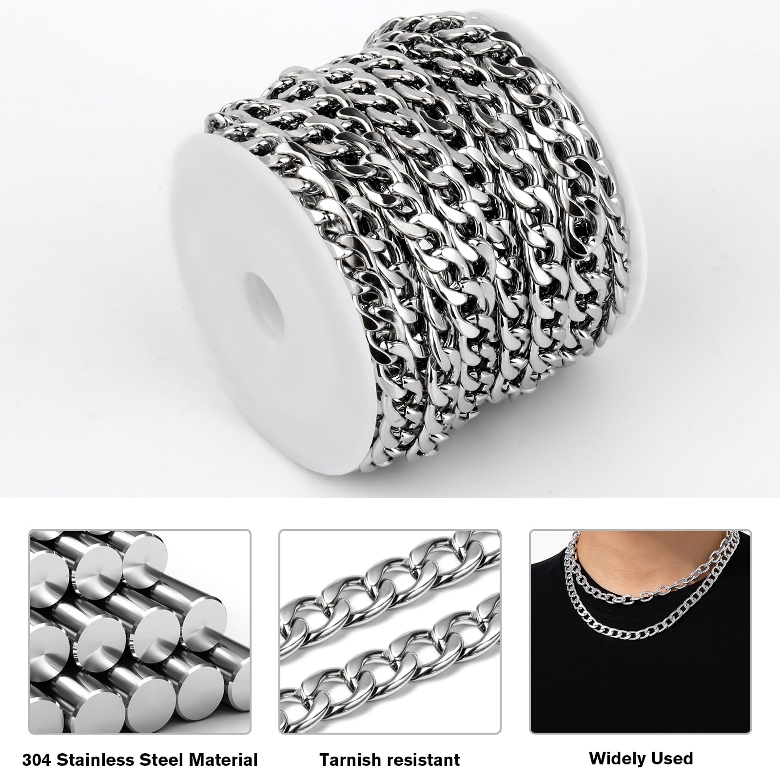 16.5 Ft Stainless Steel Curb Chains, 5mm 6mm 7mm 9mm Cuban Chain Roll Bulk for Jewelry Making
