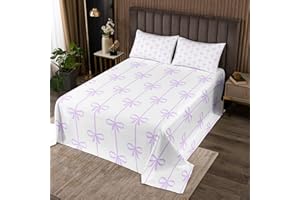 Manfei Lilac Bow Bedspread Queen Size, Cute Bowknot Lines Print Coverlet Set 3pcs, Kawaii Bow Ties Quilted Coverlet with 2 Pi