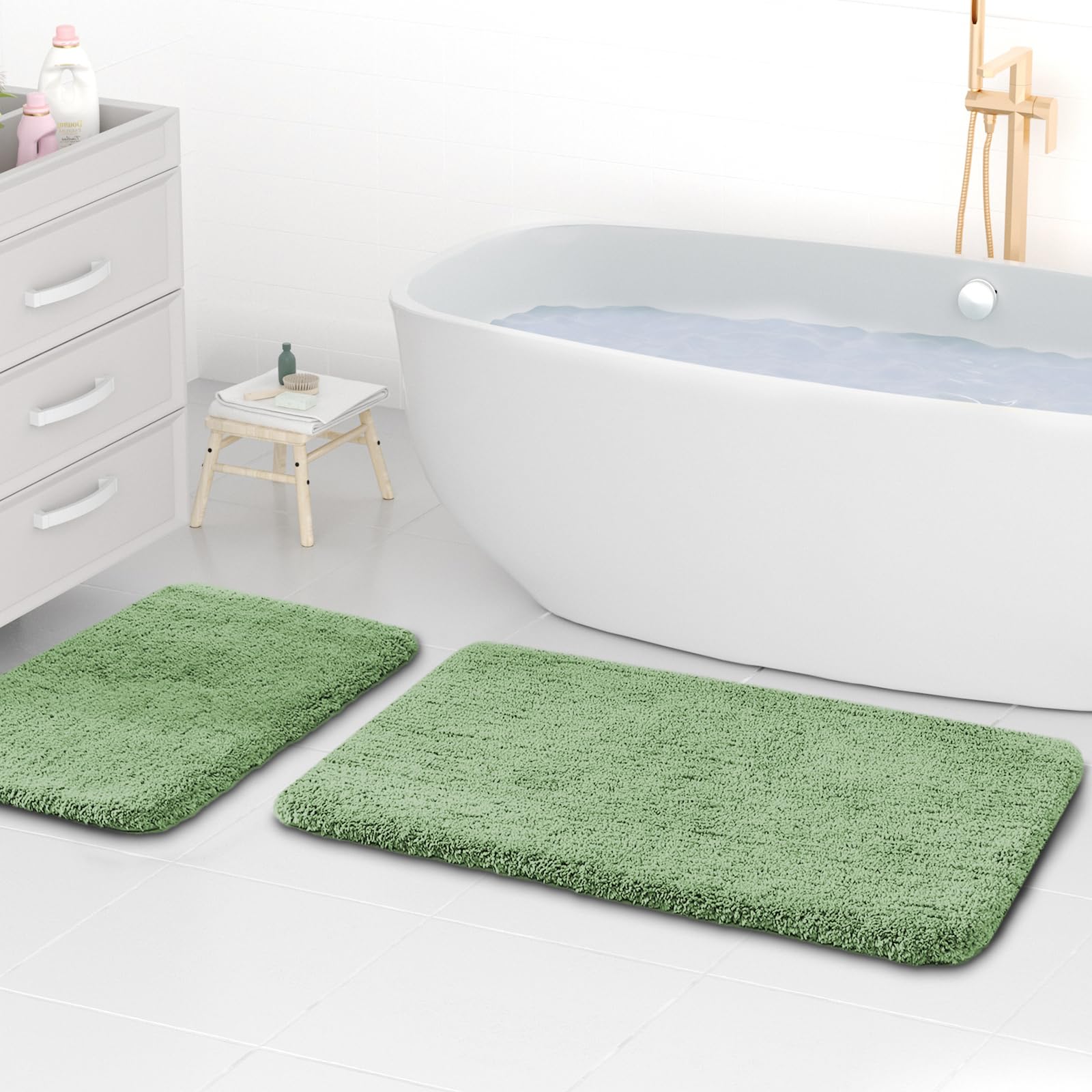 wyewye Microfibre Bath Mats, 2cm Super Thick Bath Rugs, Super Absorbent Bathroom Rugs 50x80cm and 40x60cm, Light Green
