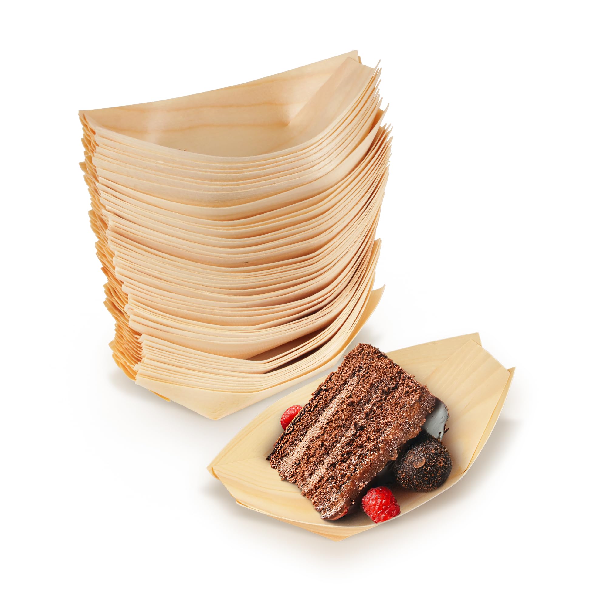 BambooMN Brand - Disposable Wood Boat Plates/Dishes, 4.3" Long x 2.5" Wide x 1" High, 300 Pieces
