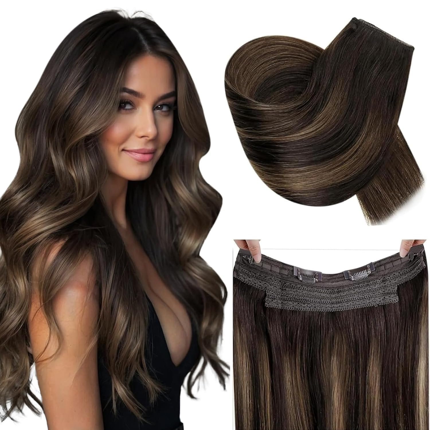 RUNATURE 18 Inch Invisible Wire Hair Extensions Real Human Hair Ombre Dark Brown Highlight Brown Human Hair Secret Wire Hair Extensions Brown Invisible Wire Hair 80g #2/2/6 — image 1