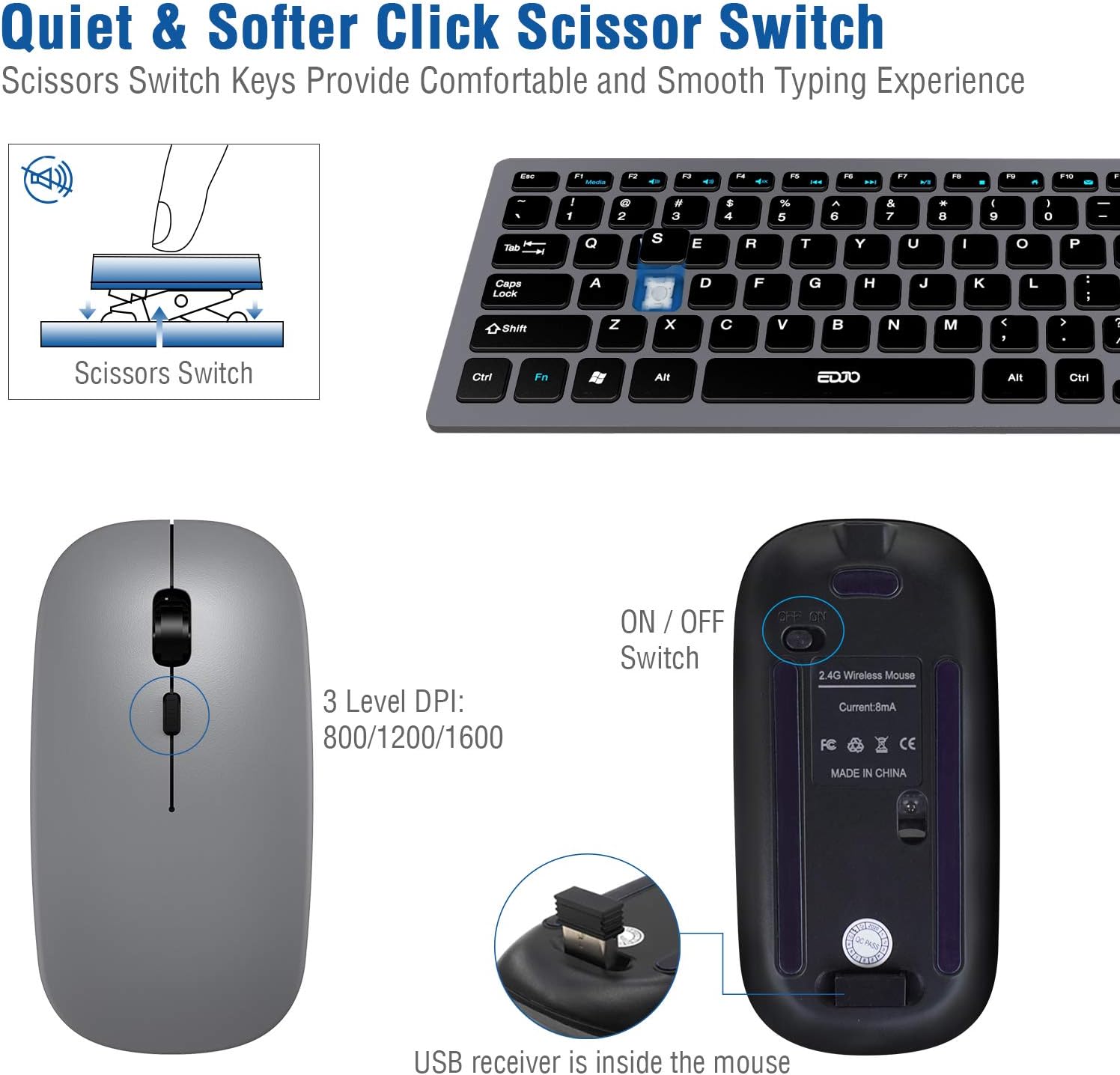 Wireless Keyboard and Mouse Combo, EDJO Rechargeable 2.4GHz Ultra-Thin Silent Computer Keyboard and Optical Mouse for Desktop/PC/Laptop/Notebook: Computers & Accessories