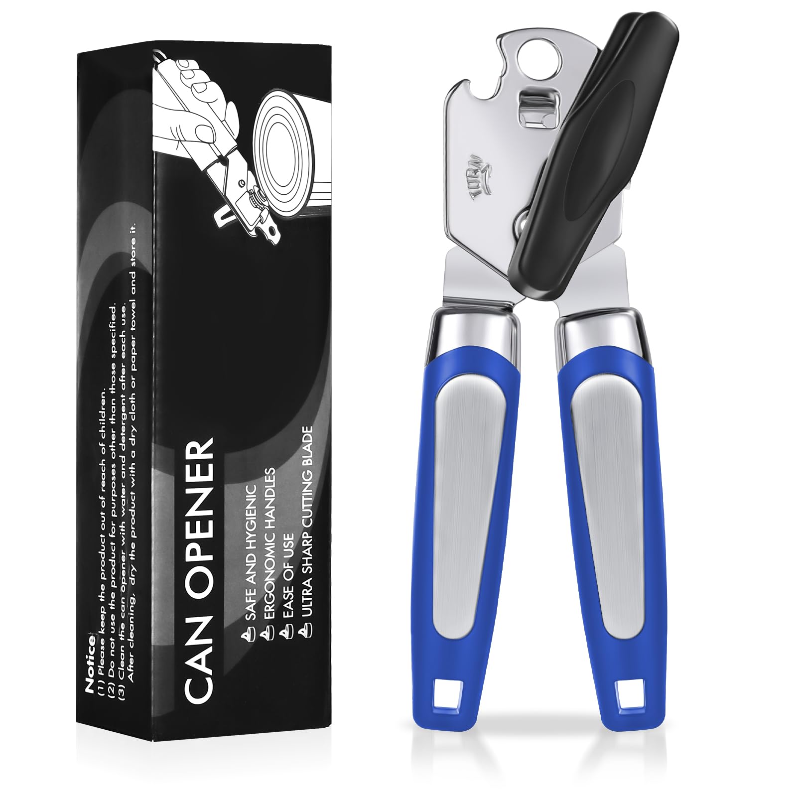 Tin Opener, Lychico 3-in-1Can Opener Handheld Heavy Duty Stainless Steel Can Openers with Multifunctional Bottle Opener, Blue