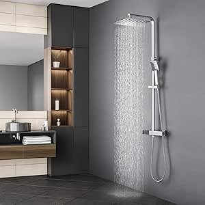 KAIBOR Columna de Ducha Termostática Cuadrada, Set de Ducha con Alcachofa Ducha Lluvia 25x25 cm y Barra Altura Ajustable, Sistema de Ducha para Baño ...