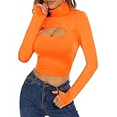 Ovokcina Women's Stretch Cutout Tee Long Sleeve Turtleneck Crop Top T Shirts