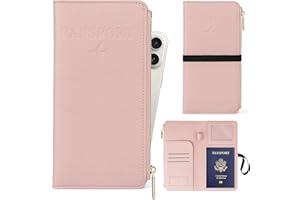 TIGARI Travel Wallet, Leather Passport Holder for Travel, Rfid Blocking Passport Wallet For Women, Zipper Pocket Card Slots Purses, Travel Document Organizer Waterproof Travel Accessories(Pink)