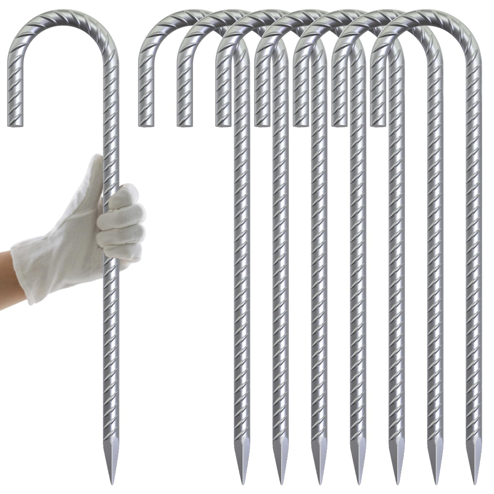Photo 1 of AAGUT 16 Inch Rebar Tent Stakes Heavy Duty 3/8" J Hook Ground Anchors Galvanized Steel Metal Garden Stake Yard Landscape Spikes 8 Pack for Chain Link Fence, Canopy
