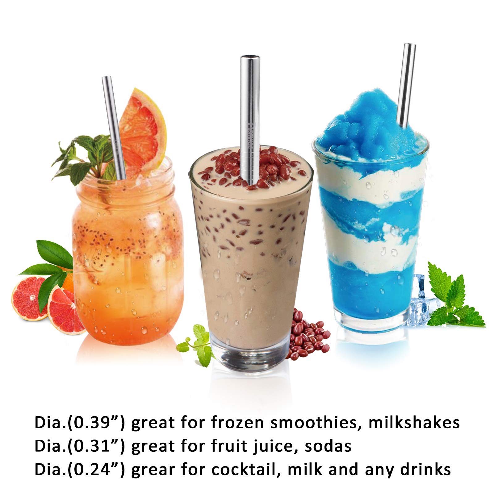 Bonviee Stainless Steel Straws 8.5 Inch Drinking Straws Metal Straws Reusable with Wooden Travel Case and Cleaning Brush Metal Drinking Straws for 20 OZ Tumbler YETI Cups (3 Size)