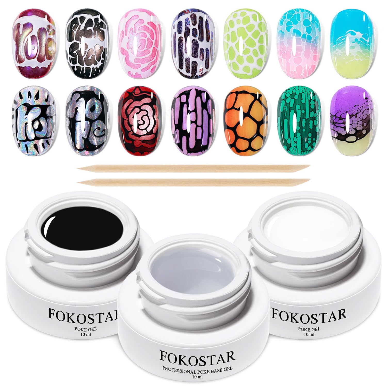Photo 1 of Black and White Poke Gel Nail Polish Kit with Professional Poke Base Gel Paint for Nails Art Multifunctional Lace Painting Gel with Wooden Nail Stick for Drawing Letter Wave Flower