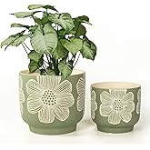YBX 8 Inch + 6 Inch White Flower Pattern Plant Pots, Sand Glazed Ceramic Planter with Drainage Hole, Flower Pots for Indoor Plants, Green