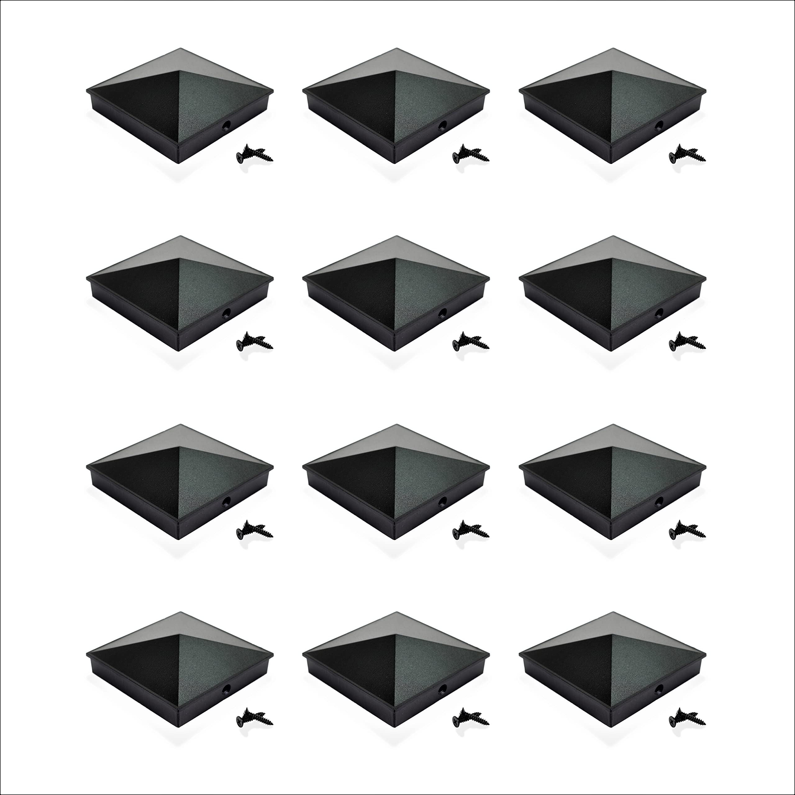 TODOKI – 4x4 Actual Fence Post Caps (12 Pack) – Matte Black Aluminium Deck Post Toppers – Powder-Coated Metal Pyramid Caps with Screws Included