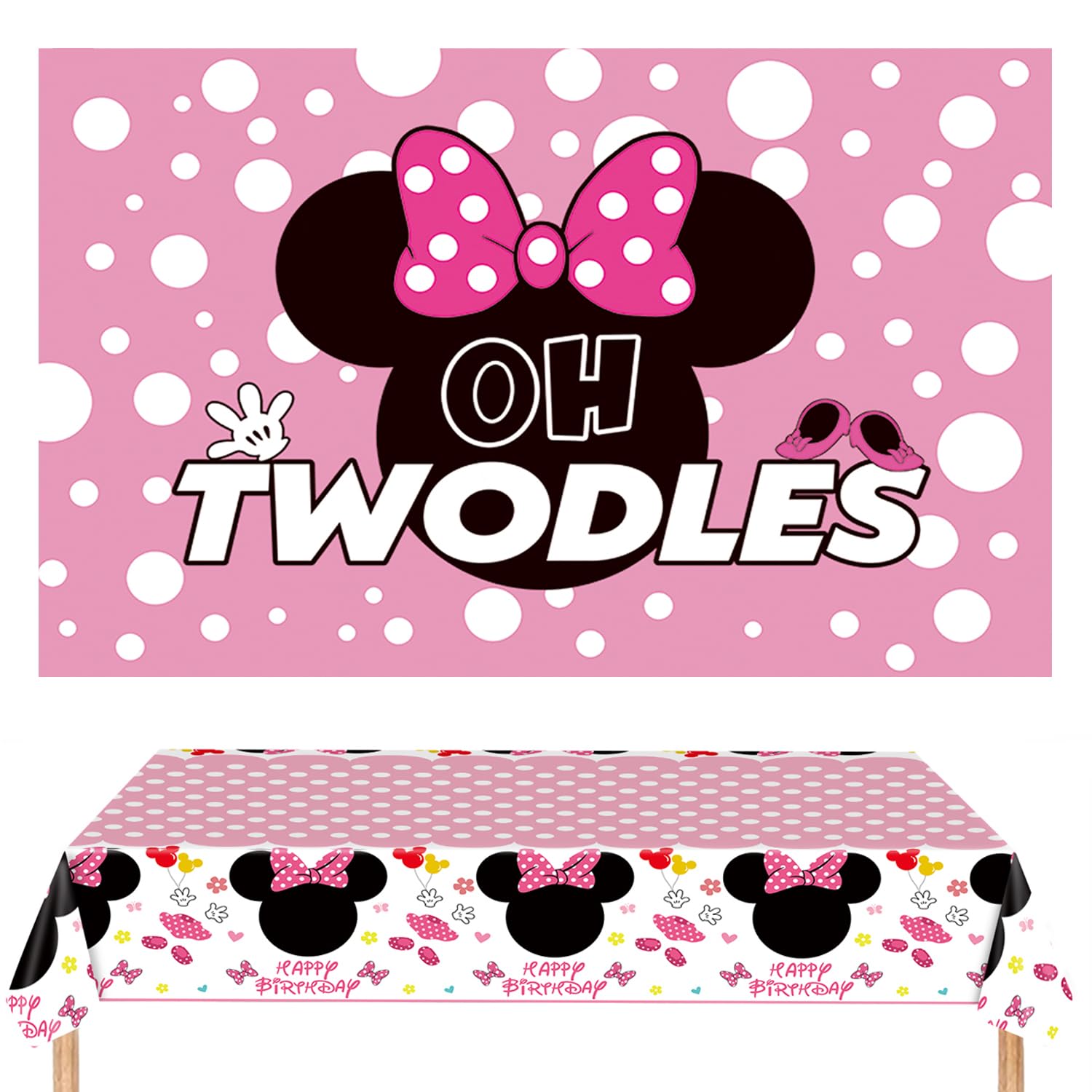 Photo 1 of Oh Twodles Backdrop Party Decorations, Pink Palka Dot Backdrop Birthday Banner with Disposable Tablecover Set, Cartoon Photography Background and Tablecloth for Girls 2nd Party Supplies