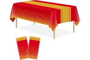 LIKAJON 2 Pack Red and Gold Tablecloth Party Decorations Plastic Red Tablecloth Printed Gold Table Runner 54 x108 Inch Disposable Rectangle Table Cover for Birthday Wedding Graduation Anniversary