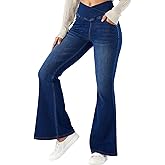 MONCCIZA Bell Bottom Jeans for Women High Waisted Stretchy Flare Jeans Pull On Crossover Wide Leg Flared Pants with Pockets
