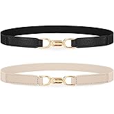 XZQTIVE Women Elastic Thin Belts for Dress Skinny Stretch Plus Size Black Brown Waist Belts with Fashion Gold Buckle Set of 2