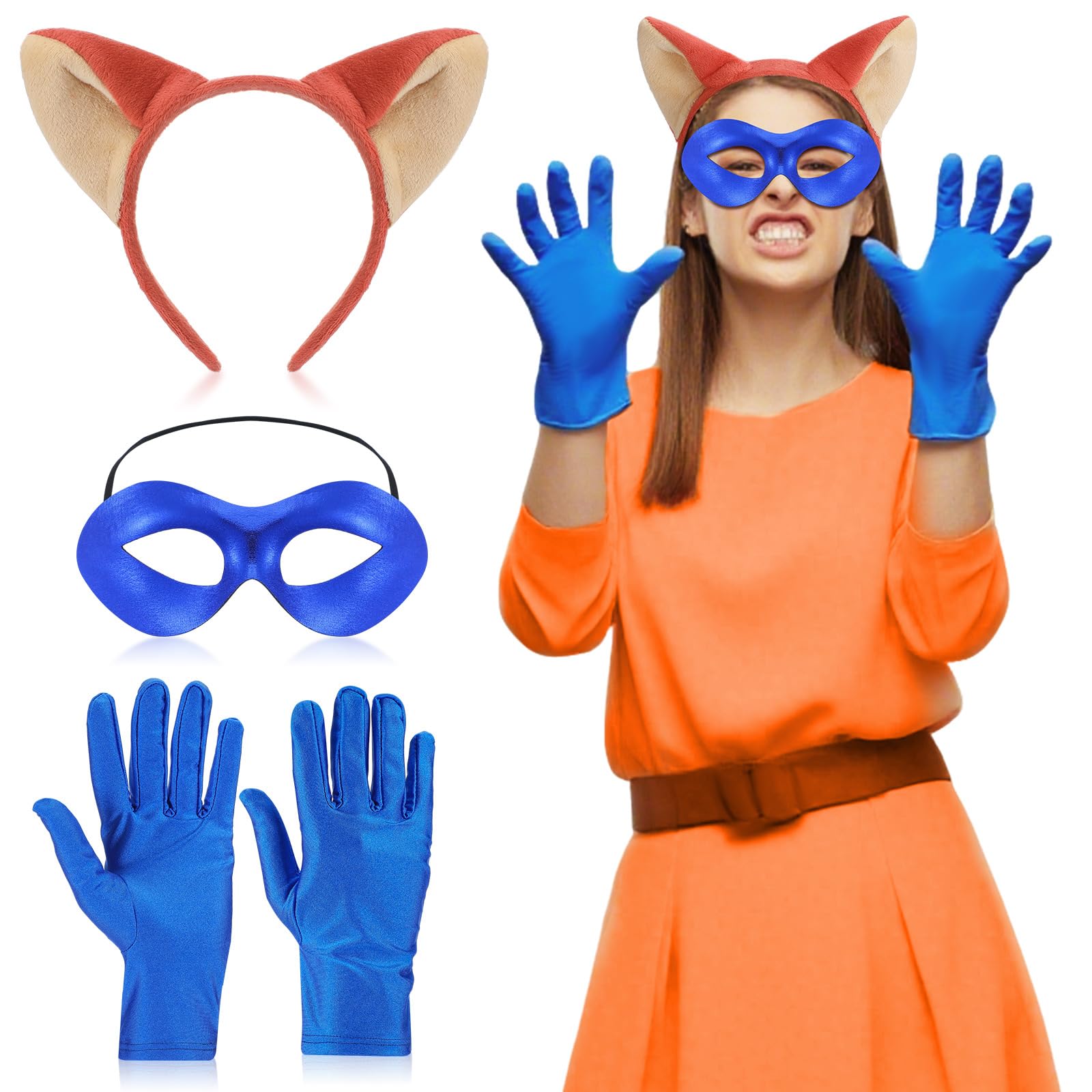 Photo 1 of Mepase 3 Pcs Halloween Fox Costume Accessories Animal Sneaky Costume Include Fox Mask, Orange Plush Animal Ears Headband and Blue Gloves for Women Halloween Festival Party Fancy Dress up Supplies