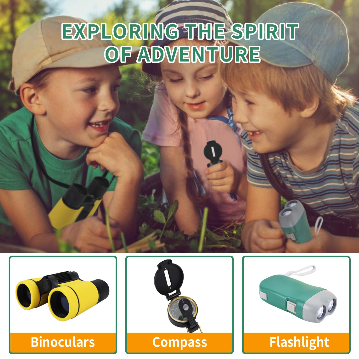 UTTORA binocolo Bambini, 25 in 1 Set di binocoli per Bambini, Set di esplorazione all\'aperto, Ideale per 3 4 5 6-12 Anni Ragazzo e Ragazza, Kit educativo per Bambini per Esterno (25 Pezzi)