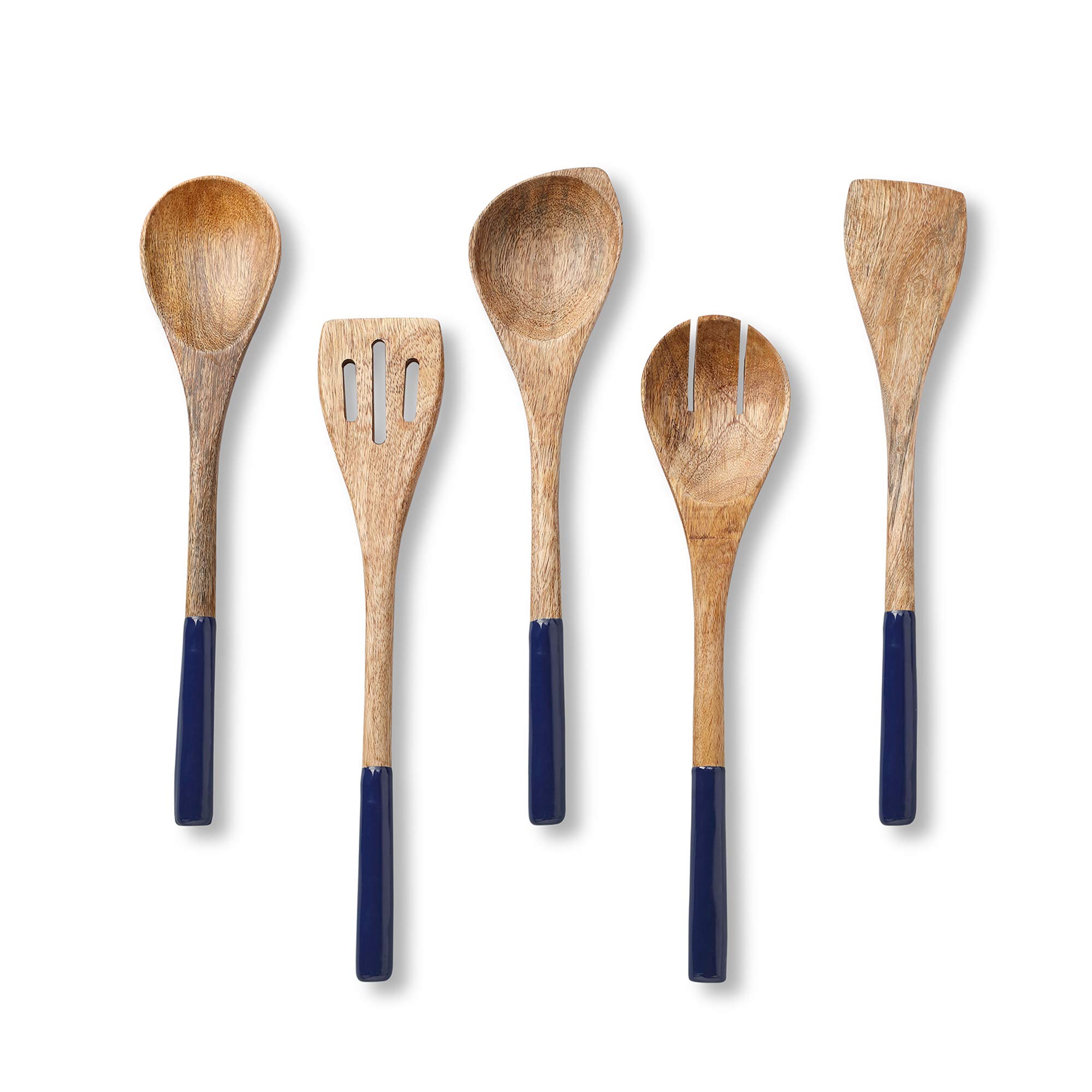 Kitchen Utensils or Wooden Spoons Set, Cooking Utensils for Non Stick Pans, Wooden Spoons for Cooking Including Wooden Spoon, Fork, Spatula, Slotted Spatula, Corner Spoon, 12 Inch, Mango Wood, Blue