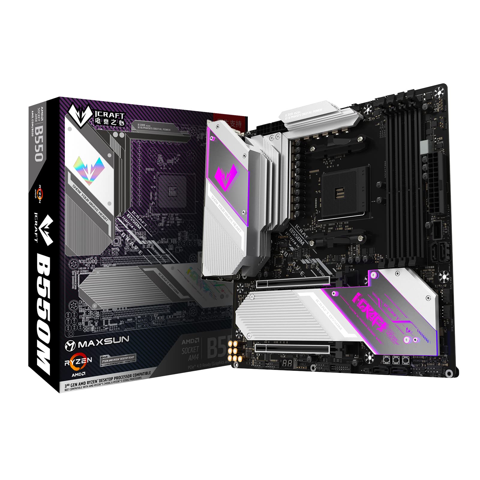 MAXSUN iCraft B550 Gaming M-ATX Motherboard, 14+2 Power Stages AMD AM4 Zen 3, DDR4, PCIe 4.0, SATA 6Gb/s, Dual M.2, USB 3.2 HDMI/DP, 2.5G LAN Micro ATX AMD Ryzen 5000 Series Processors CPU