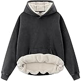 Huzeiwu Oversized Acid Wash Hoodie for Women Sherpa Fleece Lined Hooded Pullover Unisex Vintage Streetwear Sweatshirt