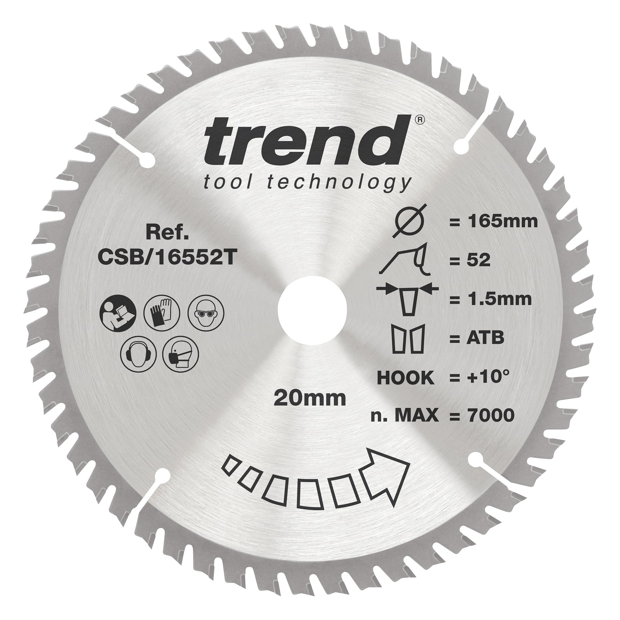 Trend Wood Cordless Circular Saw Blade, 165mm Diameter, 20mm Bore, 52 Teeth, 1.5mm Kerf, +10° Hook, TCT, Extra-Fine Finish, CSB/16552T