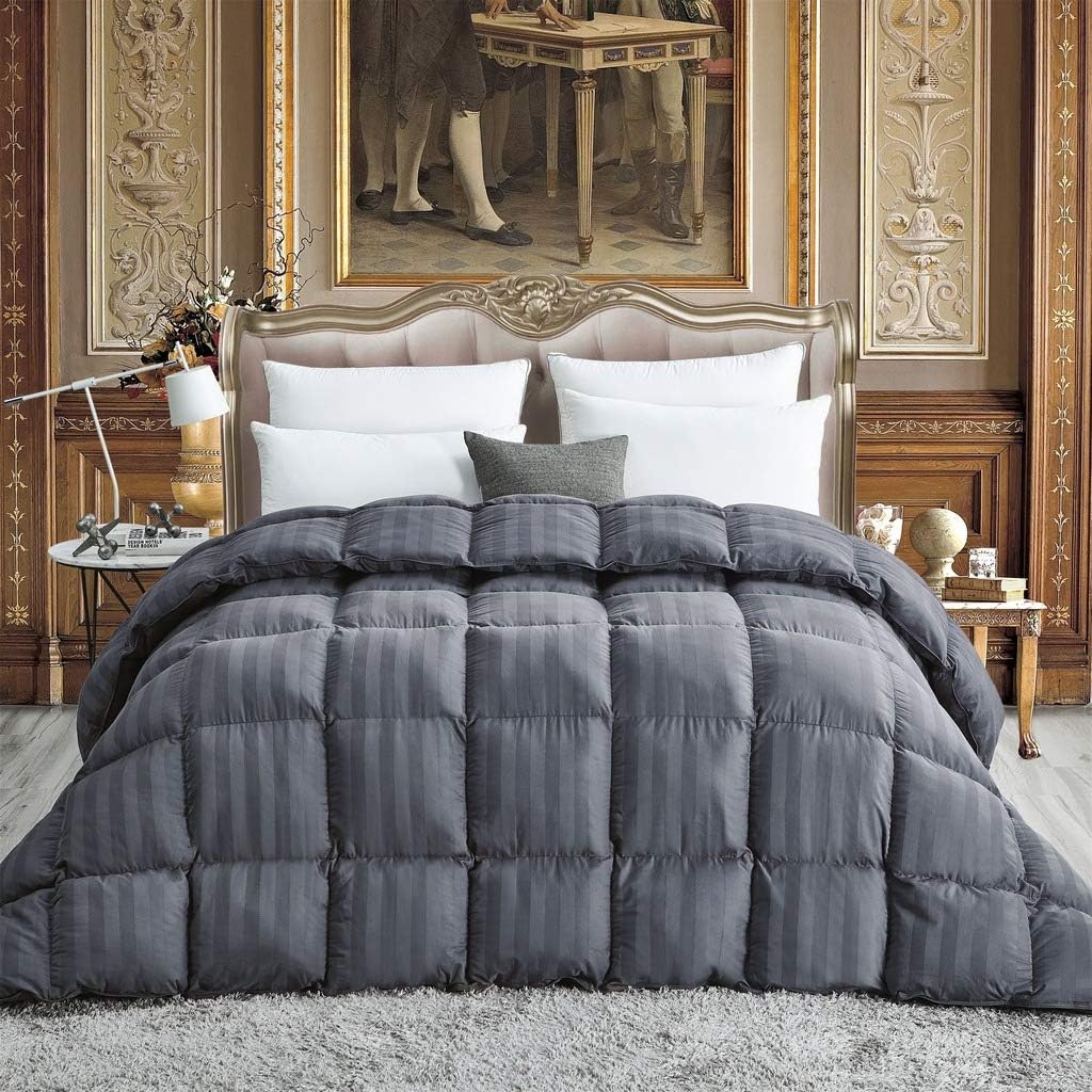 Luxurious All-Season Goose Down Comforter King Size Duvet Insert, Exquisite Gray Stripe Design, 1200 Thread Count 100…