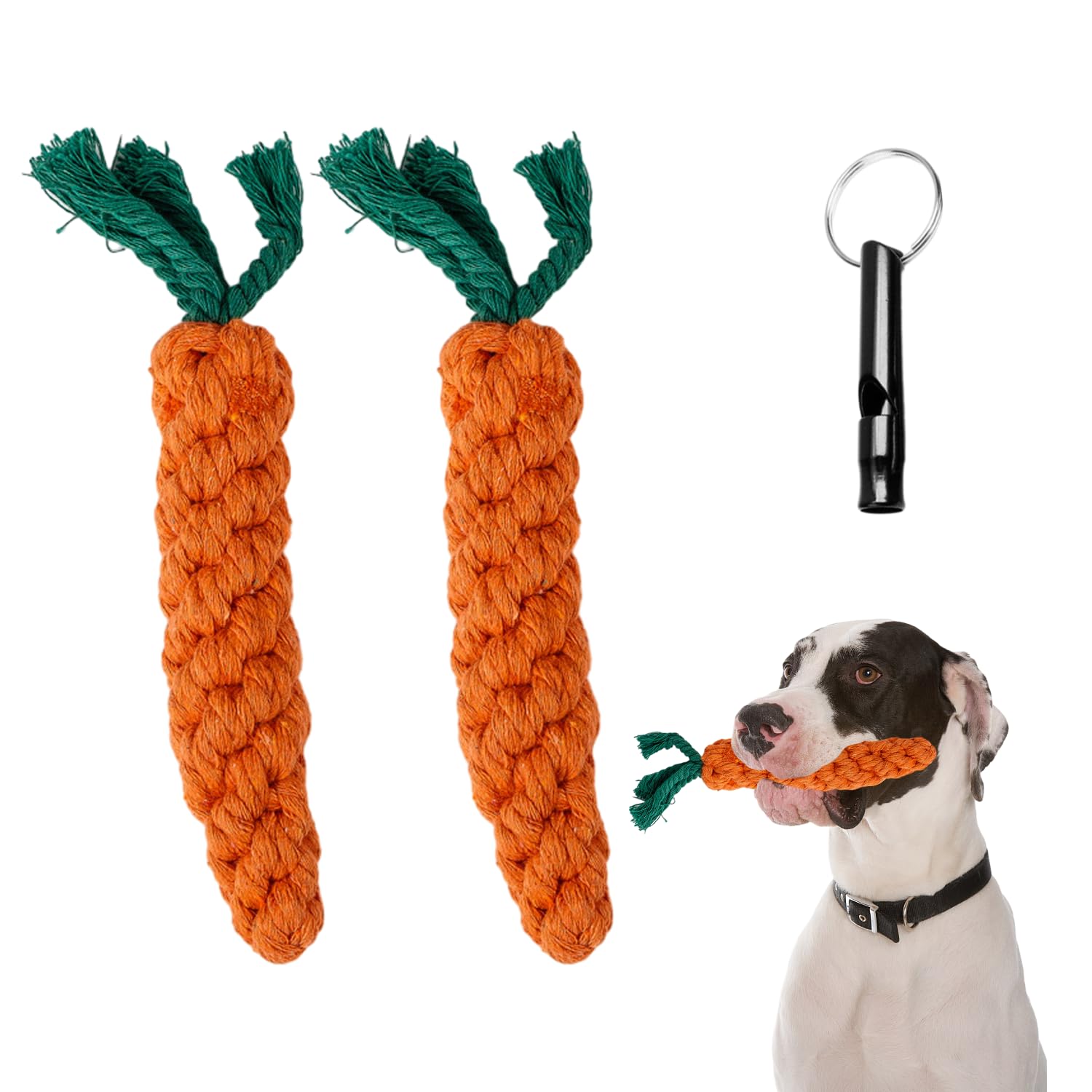 OAAO 2 Pieces Carrot Pet Toy, 1 Piece Dog Whistle, Dog Chew Toy, Teeth Cleaning Toy, Cotton Rope Braided Dog Toy, Suitable for Interacting and Throwing with Your Dog