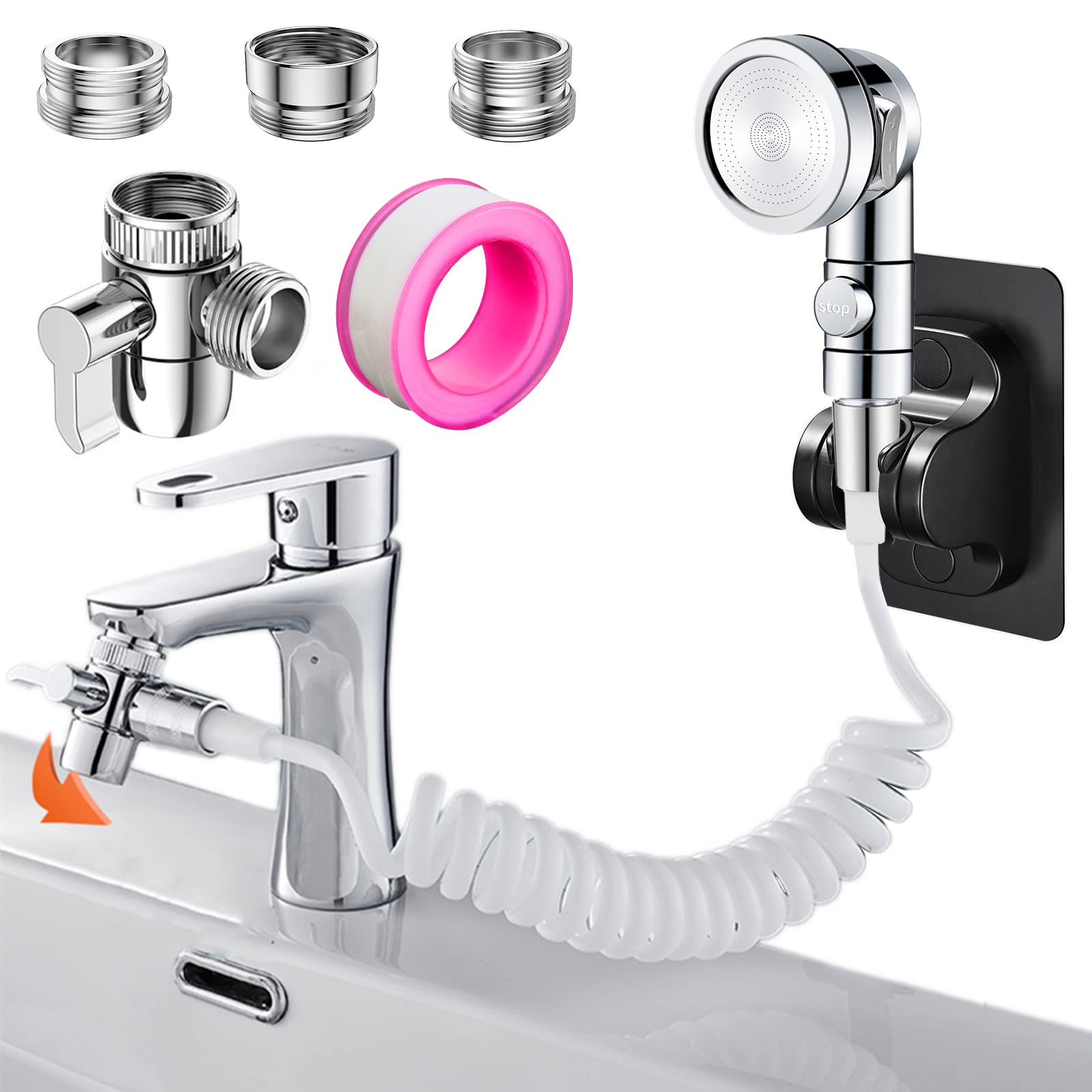 Roscid Sink Handheld Shower Kit with 9.8ft Telescopic Hose, Kitchen Bathroom Faucet Sprayer Attachment with 3 Adapters M22 M24 G1/2, for Hair Washing, Baby Shower, Pet Shower (Faucet Not Included)