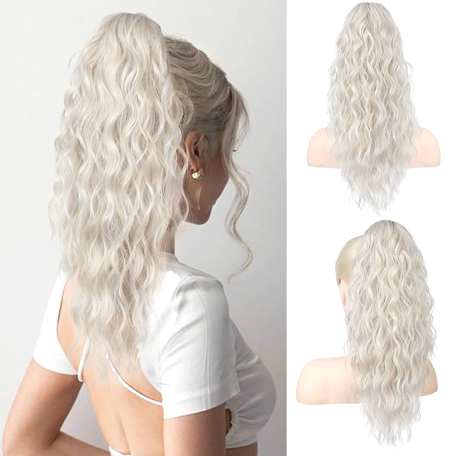 PORSMEER Claw Clip in Ponytail Hair Extensions 18 inches Long Curly Platinum Blonde Ponytail Multi Layered Natural Fluffy Wave Synthetic Hairpiece for Womens Girls Everyday Wear